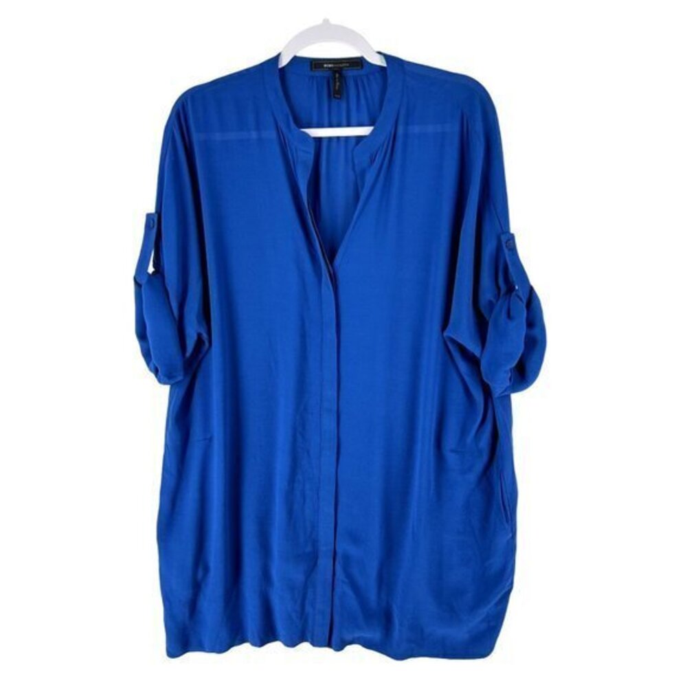 BCBGMaxAzria Womens Tops Size XS Blue Crepe‎ Roll-Tab Sleeve Tunic Button Front